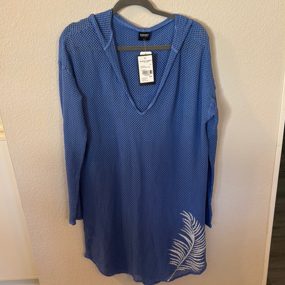 Spirit Jersey Blue and White Swim Coverup with Palm Design
